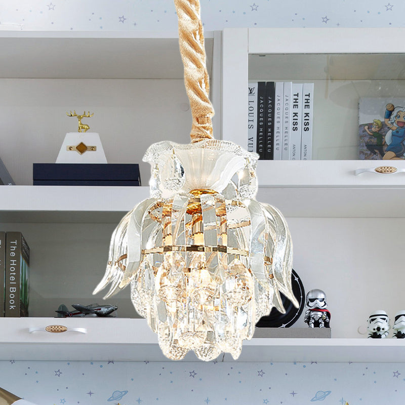 Crystal Lotus/Tiered Pendulum Light Traditional 1 Bulb Dining Room Suspension Pendant in Gold Clearhalo 'Ceiling Lights' 'Pendant Lights' 'Pendants' Lighting' 983004