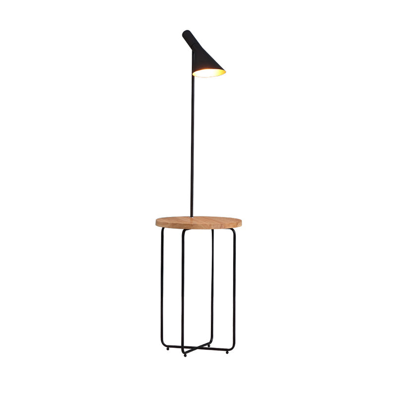 Wide Flared Shade Reading Floor Light Modern 1 Light Metallic Black Finish Floor Lamp with Wood Shelf Clearhalo 'Floor Lamps' 'Lamps' Lighting' 983359