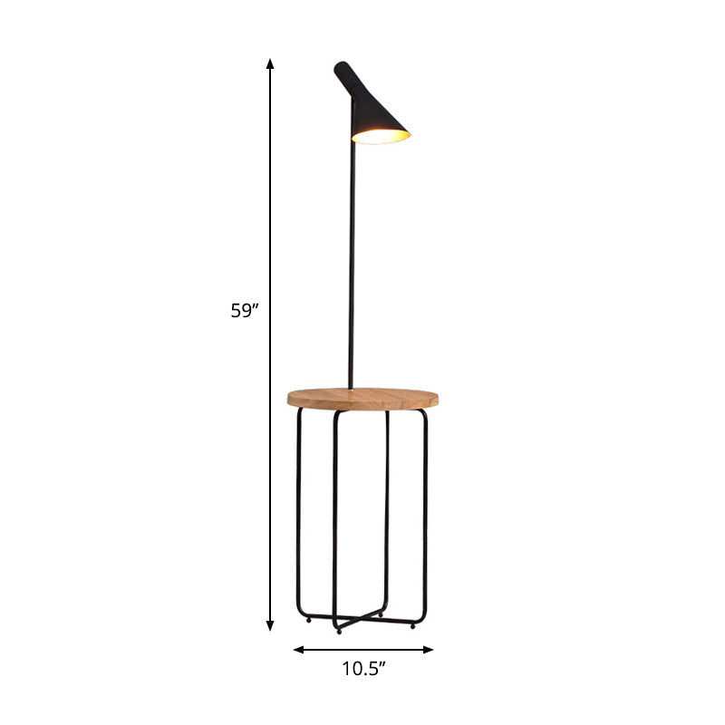 Wide Flared Shade Reading Floor Light Modern 1 Light Metallic Black Finish Floor Lamp with Wood Shelf Clearhalo 'Floor Lamps' 'Lamps' Lighting' 983360