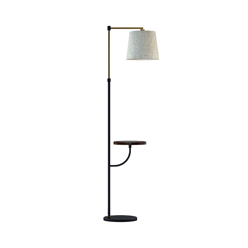 Modern Right Angle Arm Floor Light Metal 1-Light Living Room Floor Desk Lamp with Barrel Beige Fabric Shade in Black-Gold Clearhalo 'Floor Lamps' 'Lamps' Lighting' 983461