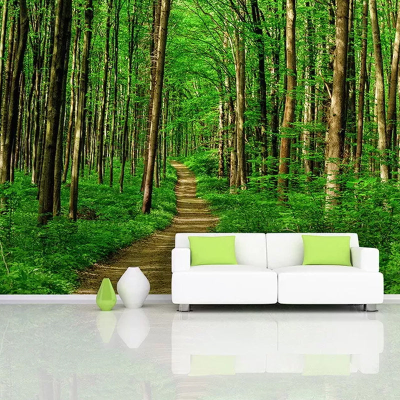 Extra Large Nordic Wall Mural in Green Jungle and Path Wall Covering, Made to Measure Clearhalo 'Wall Decor' 'Wall Mural' 984283