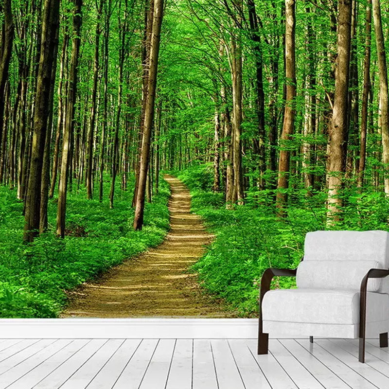 Extra Large Nordic Wall Mural in Green Jungle and Path Wall Covering, Made to Measure Clearhalo 'Wall Decor' 'Wall Mural' 984284