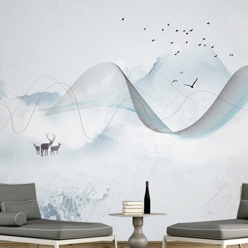 Whole Mountain Wall Mural Decal for Accent Wall Deer and Bird Wall Art in White, Water-Resistant White Clearhalo 'Wall Decor' 'Wall Mural' 984312