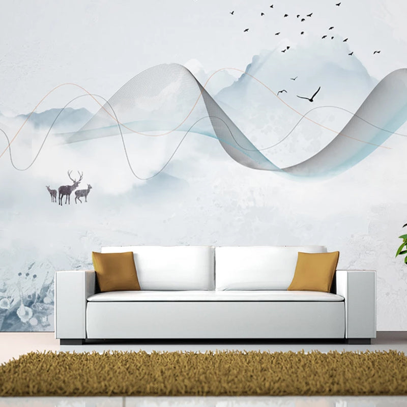 Whole Mountain Wall Mural Decal for Accent Wall Deer and Bird Wall Art in White, Water-Resistant Clearhalo 'Wall Decor' 'Wall Mural' 984313