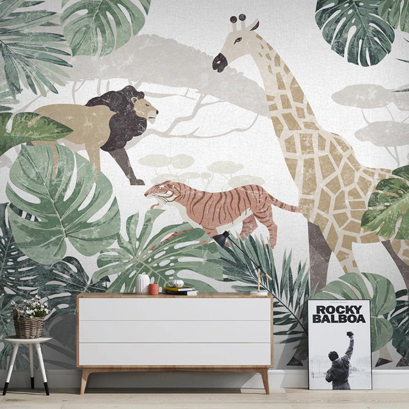 Nordic Animal and Forest Mural in Green Guest Room Wall Art, Personalized Size Available Green Clearhalo 'Wall Decor' 'Wall Mural' 984332