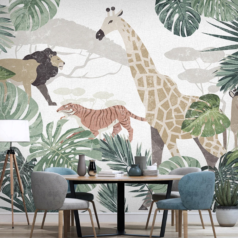 Nordic Animal and Forest Mural in Green Guest Room Wall Art, Personalized Size Available Clearhalo 'Wall Decor' 'Wall Mural' 984334