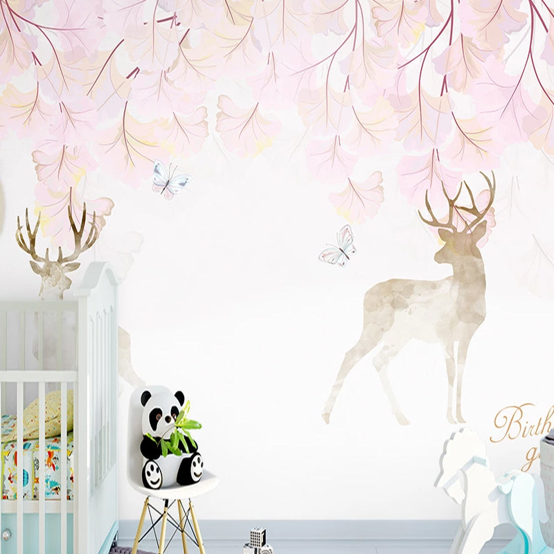 Illustration Deer and Stem Mural Extra Large Wall Art for Accent Wall, Custom Size Available Pink Clearhalo 'Wall Decor' 'Wall Mural' 984342