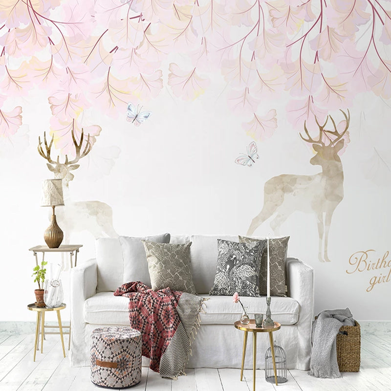 Illustration Deer and Stem Mural Extra Large Wall Art for Accent Wall, Custom Size Available Clearhalo 'Wall Decor' 'Wall Mural' 984343