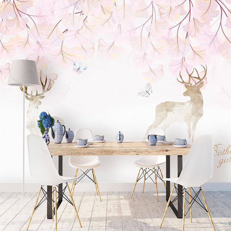 Illustration Deer and Stem Mural Extra Large Wall Art for Accent Wall, Custom Size Available Clearhalo 'Wall Decor' 'Wall Mural' 984344