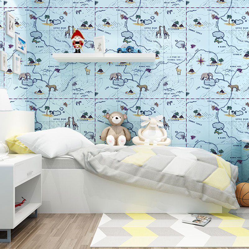 Soft Color Wild Animal Wallpaper Moisture-Resistant Wallpaper Roll for Children, 57.1 sq ft. Light Blue Clearhalo 'Wall Decor' 'Wallpaper' 984970