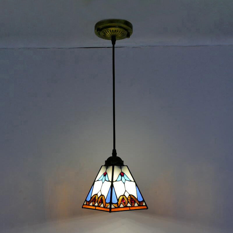 Tapered Hanging Lamp 1 Bulb White Stained Glass Tiffany-Style Pendant Light Fixture White Clearhalo 'Ceiling Lights' 'Industrial' 'Middle Century Pendants' 'Pendant Lights' 'Pendants' 'Tiffany close to ceiling' 'Tiffany Pendants' 'Tiffany' Lighting' 98555