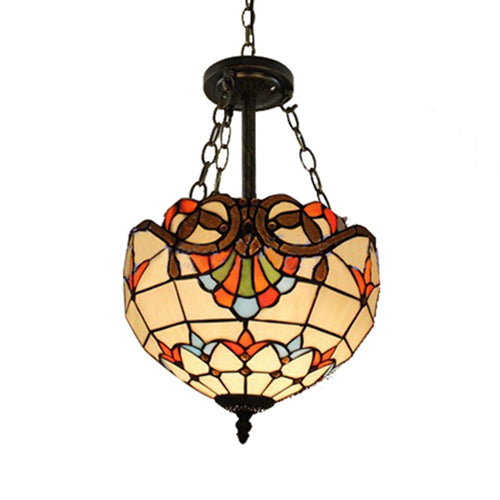 Tiffany Victorian Style Chandelier Bowl Shade Stained Glass Ceiling Pendant for Library Beige Clearhalo 'Ceiling Lights' 'Chandeliers' 'Close To Ceiling Lights' 'Industrial' 'Middle Century Chandeliers' 'Tiffany Chandeliers' 'Tiffany close to ceiling' 'Tiffany' Lighting' 98681