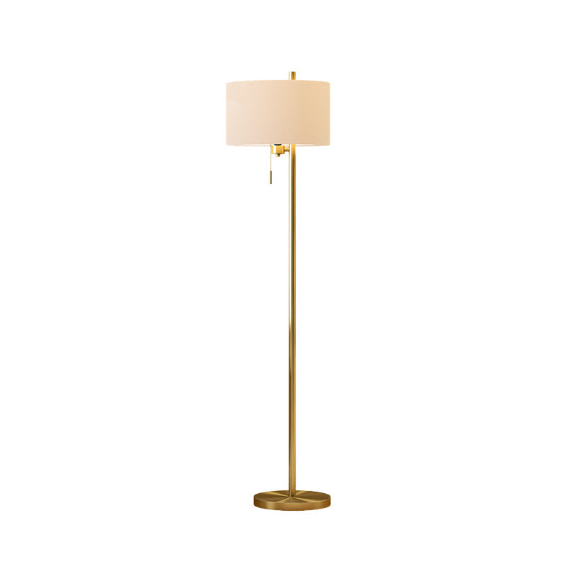 Modern Drum Floor Floor Standing Light White Fabric 1 Light Bedroom Pull-Chain Floor Lamp in Gold Clearhalo 'Floor Lamps' 'Lamps' Lighting' 987649