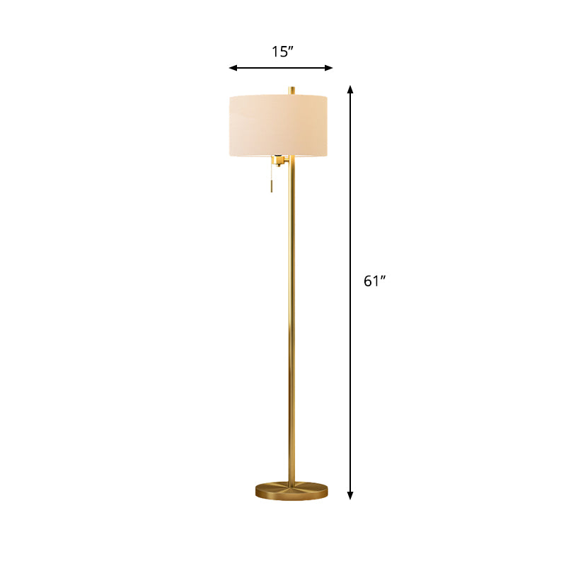 Modern Drum Floor Floor Standing Light White Fabric 1 Light Bedroom Pull-Chain Floor Lamp in Gold Clearhalo 'Floor Lamps' 'Lamps' Lighting' 987650