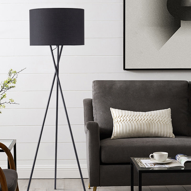 Drum Shade Floor Reading Lamp Simplicity Fabric 1 Light White/Black Tripod Standing Floor Lamp Black Clearhalo 'Floor Lamps' 'Lamps' Lighting' 987671