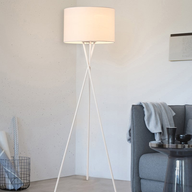 Drum Shade Floor Reading Lamp Simplicity Fabric 1 Light White/Black Tripod Standing Floor Lamp White Clearhalo 'Floor Lamps' 'Lamps' Lighting' 987675