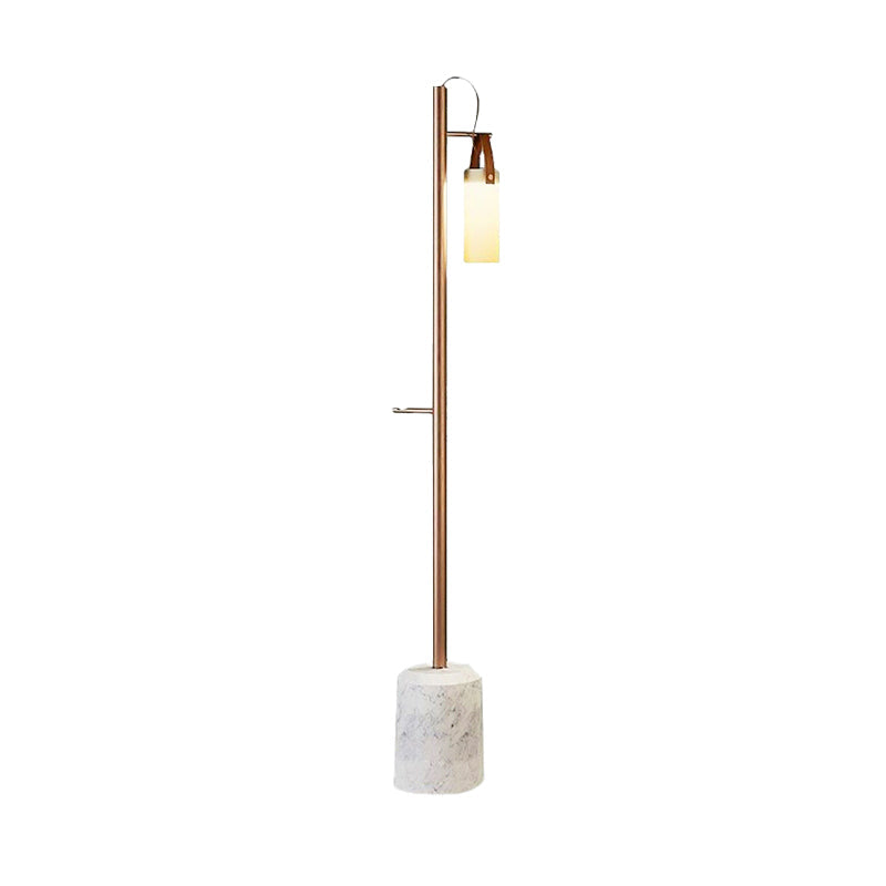 Gold Tubular Standing Floor Light Post Modern 1 Light Opal Glass Floor Lamp with Leatherwear Handle Clearhalo 'Floor Lamps' 'Lamps' Lighting' 987740