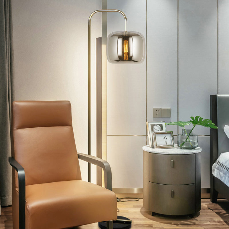 Smoke Gray Glass Drum Stand Up Light Modern 1 Bulb Gold Standing Floor Lamp for Bedroom Smoke Gray Clearhalo 'Floor Lamps' 'Lamps' Lighting' 987791