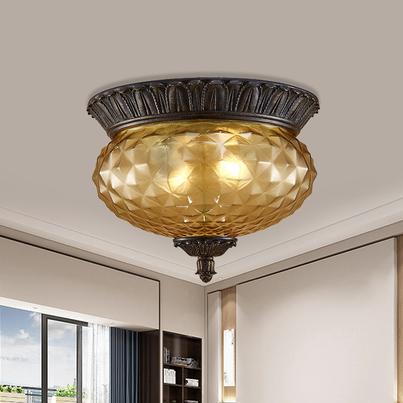 Oval Kitchen Flush Mount Lamp Rustic Amber Beveled Glass 2-Bulb Black Ceiling Lighting Fixture Clearhalo 'Ceiling Lights' 'Close To Ceiling Lights' 'Close to ceiling' 'Flush mount' Lighting' 987845