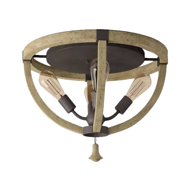 Wood Khaki Semi Mount Lighting Dome Frame 4-Bulb Warehouse Style Ceiling Flush Light Clearhalo 'Ceiling Lights' 'Close To Ceiling Lights' 'Close to ceiling' 'Semi-flushmount' Lighting' 987910