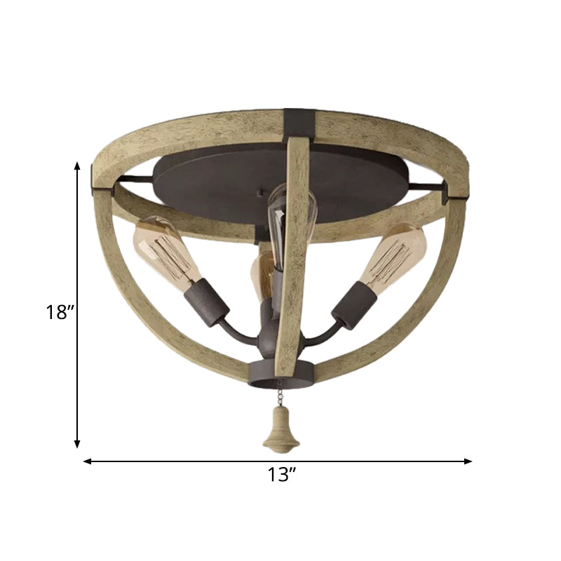 Wood Khaki Semi Mount Lighting Dome Frame 4-Bulb Warehouse Style Ceiling Flush Light Clearhalo 'Ceiling Lights' 'Close To Ceiling Lights' 'Close to ceiling' 'Semi-flushmount' Lighting' 987912