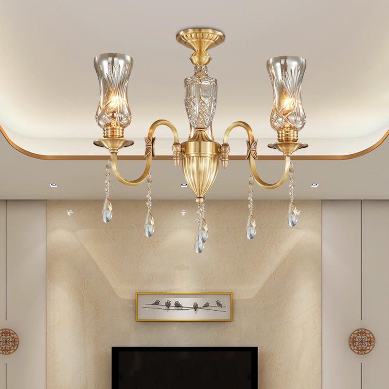 Vase Living Room Suspended Lighting Fixture Post Modern Prismatic Optical Crystal 3-Head Gold Pendant Chandelier Gold Clearhalo 'Ceiling Lights' 'Chandeliers' 'Modern Chandeliers' 'Modern' Lighting' 988410