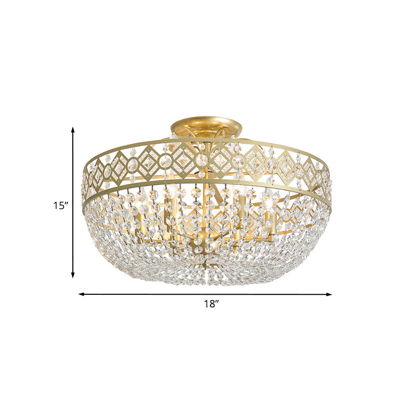 4-Head Crystal Chain Semi Flush Mount Modernism Gold Bowl Guest Room Close to Ceiling Lamp Clearhalo 'Ceiling Lights' 'Close To Ceiling Lights' 'Close to ceiling' 'Semi-flushmount' Lighting' 988538