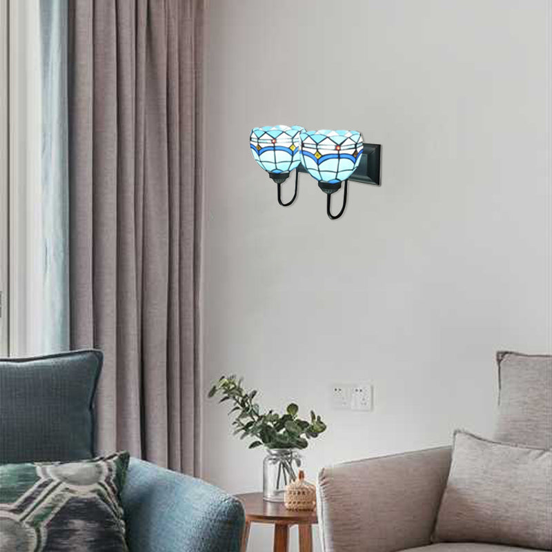 Blue Bowl Wall Mount Light Mediterranean 2 Heads Multicolor Stained Glass Sconce Lighting Blue Clearhalo 'Industrial' 'Middle century wall lights' 'Tiffany wall lights' 'Tiffany' 'Wall Lamps & Sconces' 'Wall Lights' Lighting' 98863