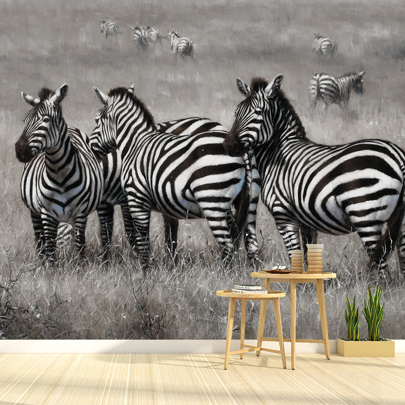 Extra Large Zebra Mural for Home Decor Fantasy Grass Wall Covering in Black and White, Stain-Resistant Black-White Clearhalo 'Wall Decor' 'Wall Mural' 990340