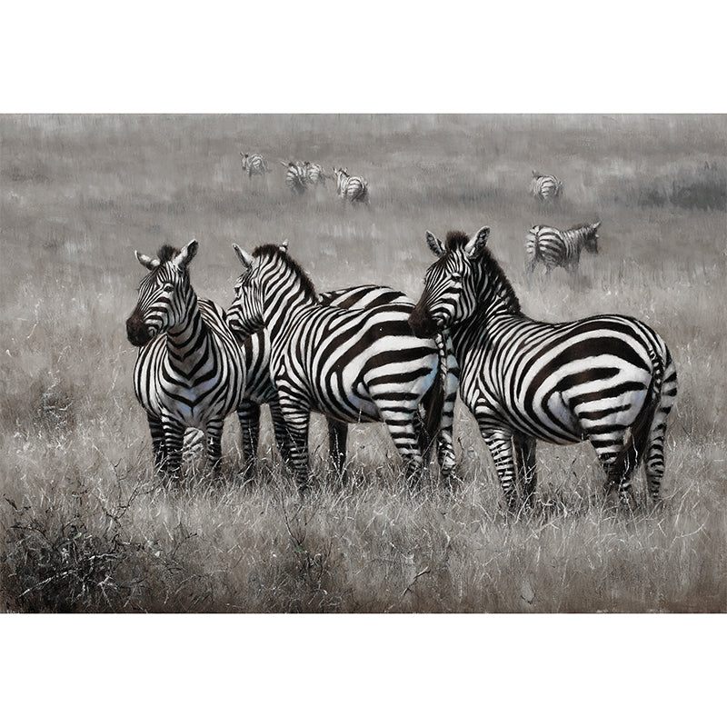 Extra Large Zebra Mural for Home Decor Fantasy Grass Wall Covering in Black and White, Stain-Resistant Clearhalo 'Wall Decor' 'Wall Mural' 990343