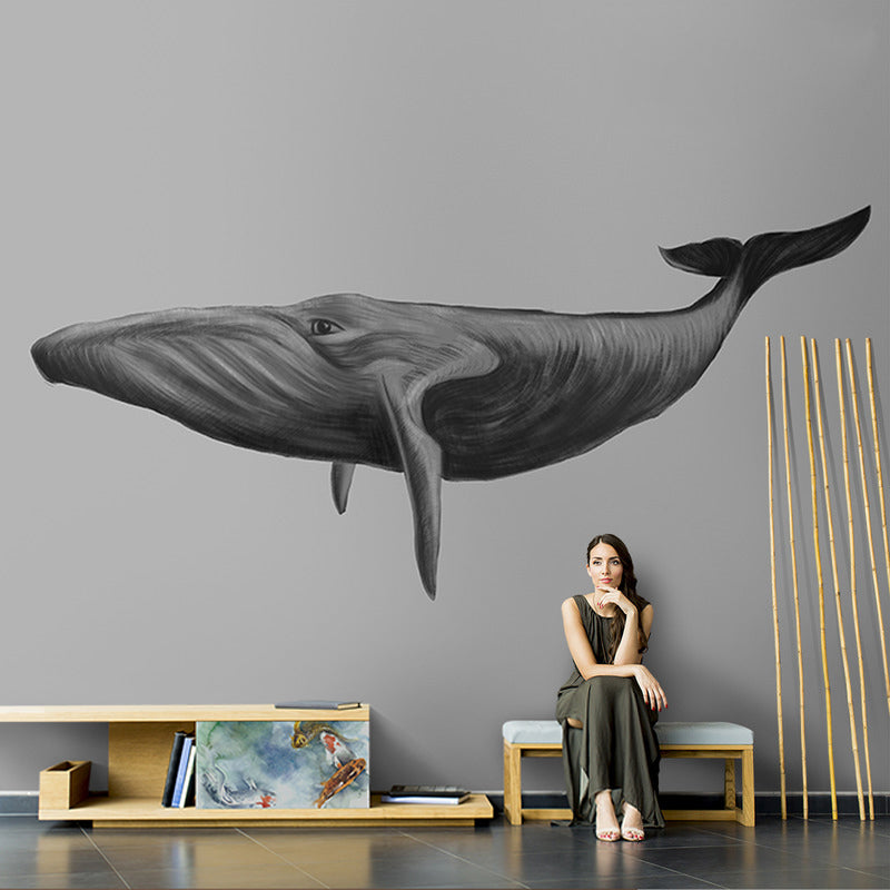 Big Photo Style Modern Mural for Living Room with Lively Whale in Grey Clearhalo 'Wall Decor' 'Wall Mural' 990351