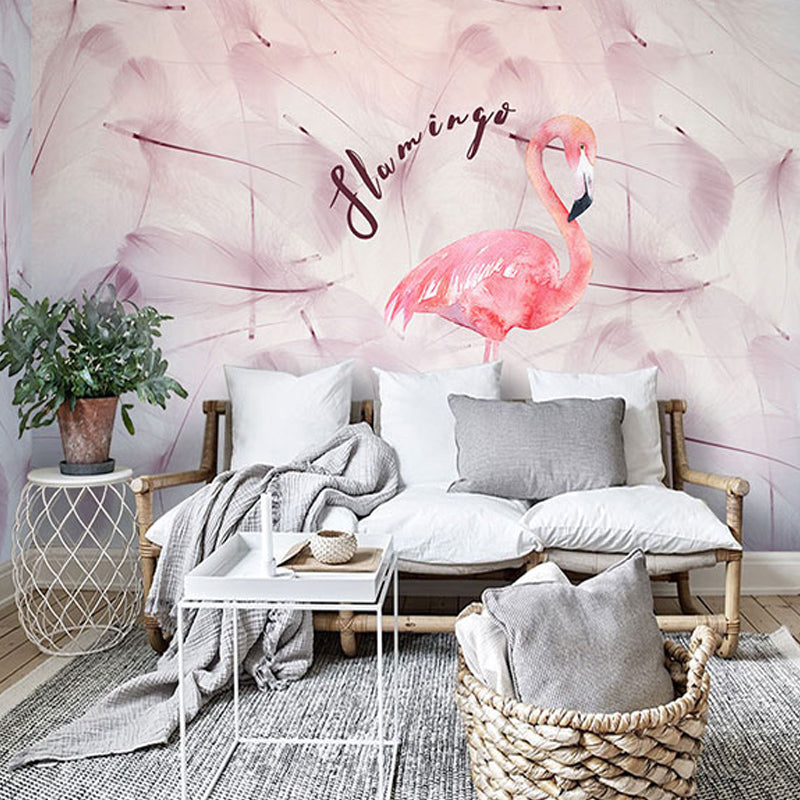 Water-Resistant Flamingo Wall Decor Customized Nordic Mural Wallpaper in Pink for Coffee Shop Clearhalo 'Wall Decor' 'Wall Mural' 990386