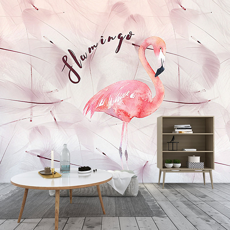 Water-Resistant Flamingo Wall Decor Customized Nordic Mural Wallpaper in Pink for Coffee Shop Clearhalo 'Wall Decor' 'Wall Mural' 990387