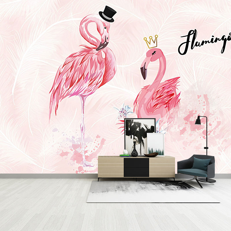 Water-Resistant Flamingo Wall Decor Customized Nordic Mural Wallpaper in Pink for Coffee Shop Clearhalo 'Wall Decor' 'Wall Mural' 990392