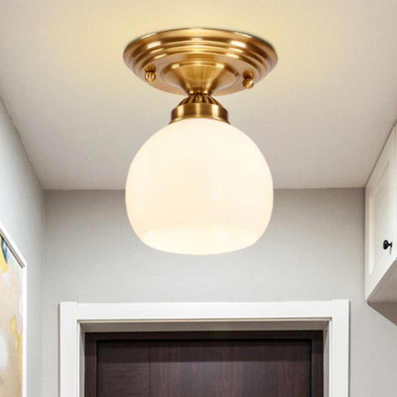 Globe/Cone White Glass Flush Mount Lamp Classic 1 Light Corridor Ceiling Lighting in Brass White Globe Clearhalo 'Ceiling Lights' 'Close To Ceiling Lights' 'Close to ceiling' 'Flush mount' Lighting' 990829