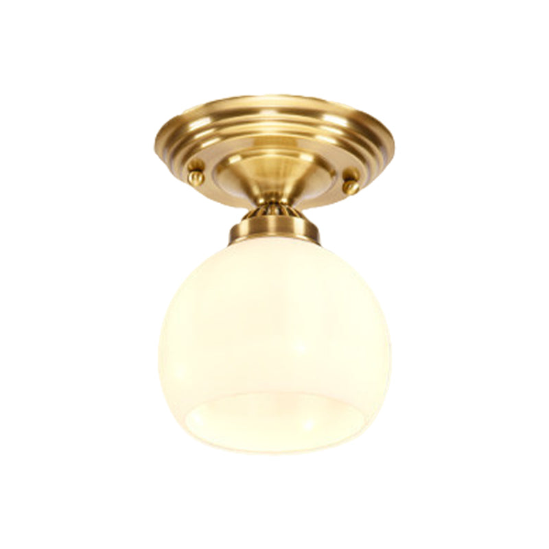 Globe/Cone White Glass Flush Mount Lamp Classic 1 Light Corridor Ceiling Lighting in Brass Clearhalo 'Ceiling Lights' 'Close To Ceiling Lights' 'Close to ceiling' 'Flush mount' Lighting' 990831