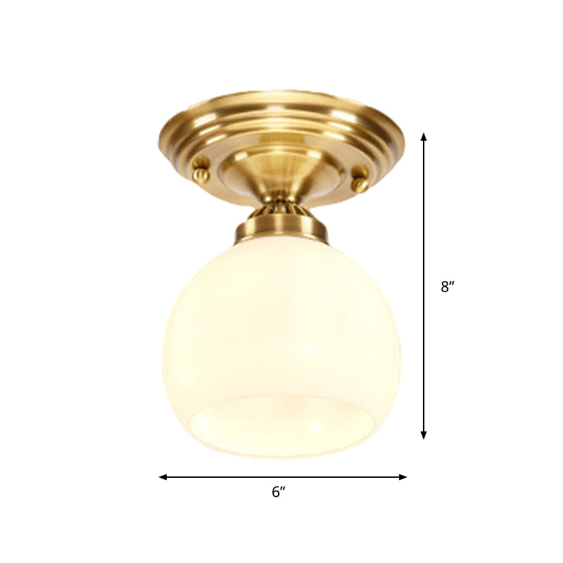 Globe/Cone White Glass Flush Mount Lamp Classic 1 Light Corridor Ceiling Lighting in Brass Clearhalo 'Ceiling Lights' 'Close To Ceiling Lights' 'Close to ceiling' 'Flush mount' Lighting' 990833