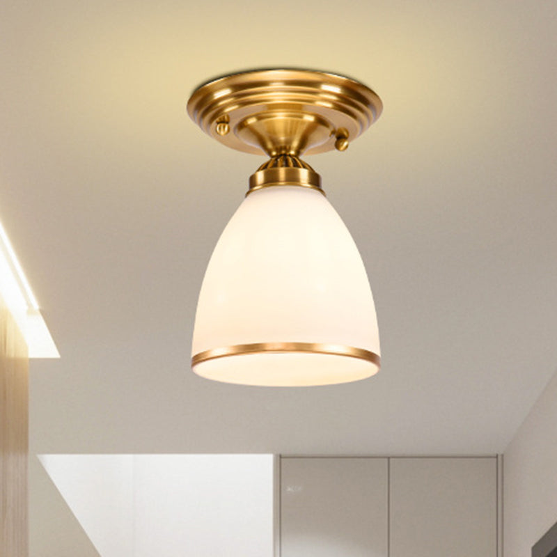 Globe/Cone White Glass Flush Mount Lamp Classic 1 Light Corridor Ceiling Lighting in Brass White Cone Clearhalo 'Ceiling Lights' 'Close To Ceiling Lights' 'Close to ceiling' 'Flush mount' Lighting' 990834