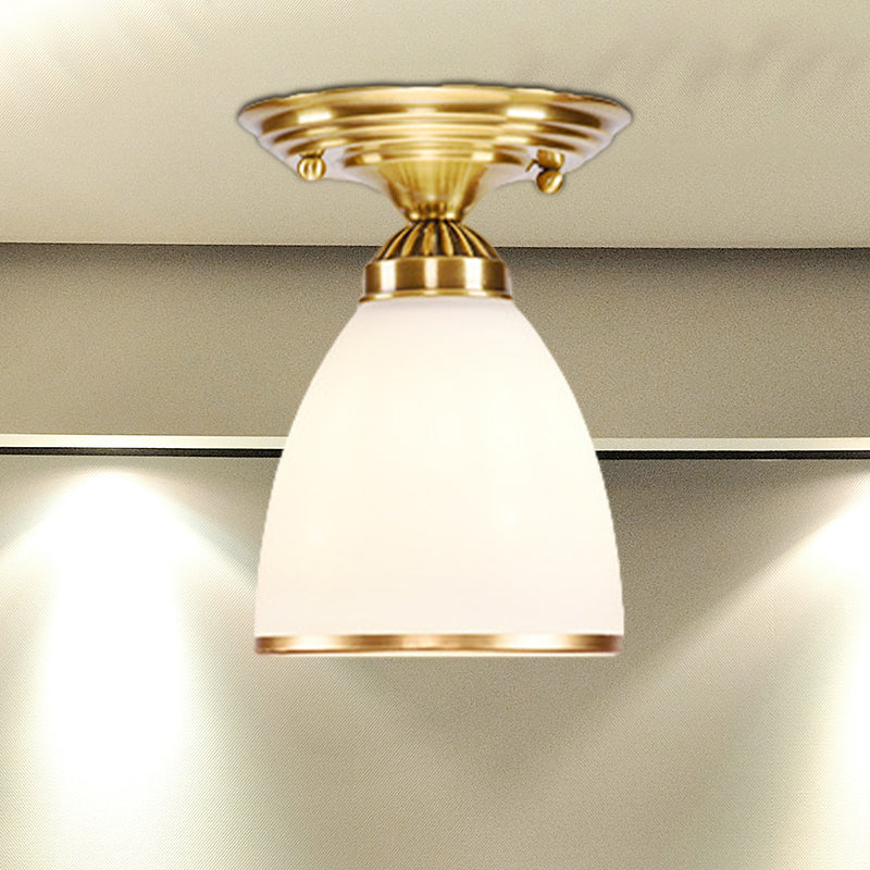 Globe/Cone White Glass Flush Mount Lamp Classic 1 Light Corridor Ceiling Lighting in Brass Clearhalo 'Ceiling Lights' 'Close To Ceiling Lights' 'Close to ceiling' 'Flush mount' Lighting' 990836