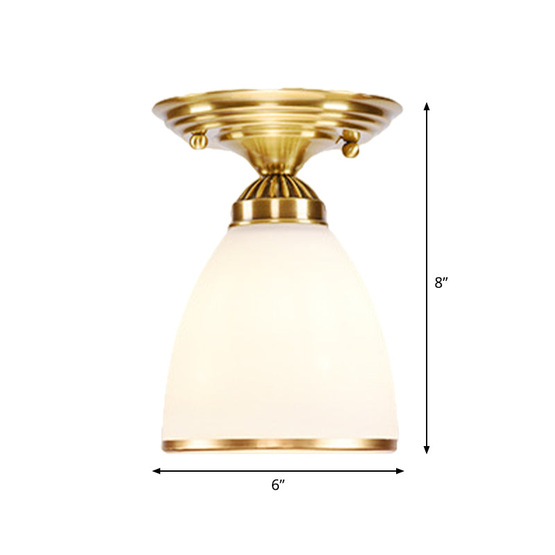 Globe/Cone White Glass Flush Mount Lamp Classic 1 Light Corridor Ceiling Lighting in Brass Clearhalo 'Ceiling Lights' 'Close To Ceiling Lights' 'Close to ceiling' 'Flush mount' Lighting' 990838