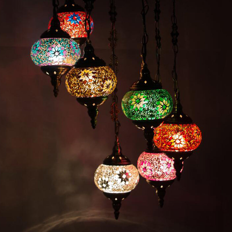 7 Bulbs Globe Ceiling Chandelier Retro Colorful Glass Pendant Lighting Fixture in Bronze Clearhalo 'Ceiling Lights' 'Chandeliers' Lighting' options 990954