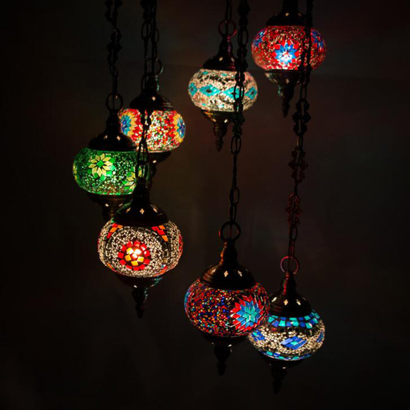 7 Bulbs Globe Ceiling Chandelier Retro Colorful Glass Pendant Lighting Fixture in Bronze Clearhalo 'Ceiling Lights' 'Chandeliers' Lighting' options 990955