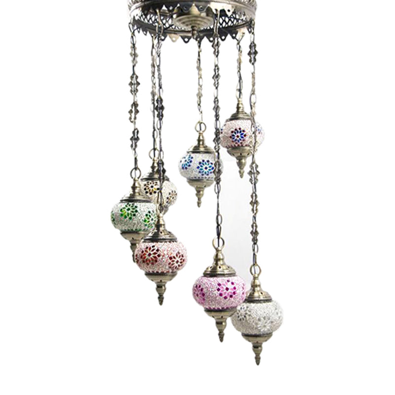 7 Bulbs Globe Ceiling Chandelier Retro Colorful Glass Pendant Lighting Fixture in Bronze Clearhalo 'Ceiling Lights' 'Chandeliers' Lighting' options 990956