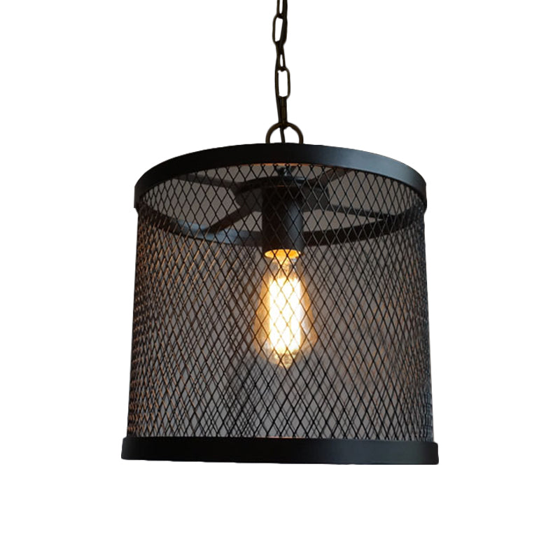 Drum Mesh Metal Pendant Light Industrial Single Light Dining Room Hanging Lamp in Black Clearhalo 'Art Deco Pendants' 'Black' 'Cast Iron' 'Ceiling Lights' 'Ceramic' 'Crystal' 'Industrial Pendants' 'Industrial' 'Metal' 'Middle Century Pendants' 'Pendant Lights' 'Pendants' 'Rustic Pendants' 'Tiffany' Lighting' 991037