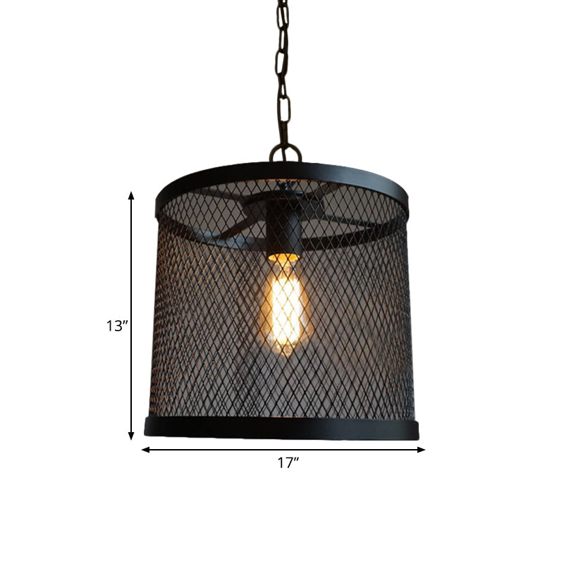 Drum Mesh Metal Pendant Light Industrial Single Light Dining Room Hanging Lamp in Black Clearhalo 'Art Deco Pendants' 'Black' 'Cast Iron' 'Ceiling Lights' 'Ceramic' 'Crystal' 'Industrial Pendants' 'Industrial' 'Metal' 'Middle Century Pendants' 'Pendant Lights' 'Pendants' 'Rustic Pendants' 'Tiffany' Lighting' 991038