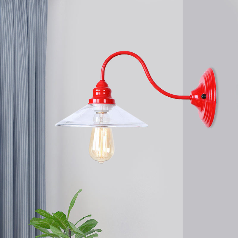 1 Bulb Wide Flare Wall Mounted Light Industrial Red Clear Glass Lighting with Curved Arm Clearhalo 'Cast Iron' 'Glass' 'Industrial' 'Modern wall lights' 'Modern' 'Tiffany' 'Traditional wall lights' 'Wall Lamps & Sconces' 'Wall Lights' Lighting' 991178