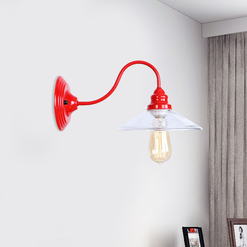 1 Bulb Wide Flare Wall Mounted Light Industrial Red Clear Glass Lighting with Curved Arm Clearhalo 'Cast Iron' 'Glass' 'Industrial' 'Modern wall lights' 'Modern' 'Tiffany' 'Traditional wall lights' 'Wall Lamps & Sconces' 'Wall Lights' Lighting' 991179