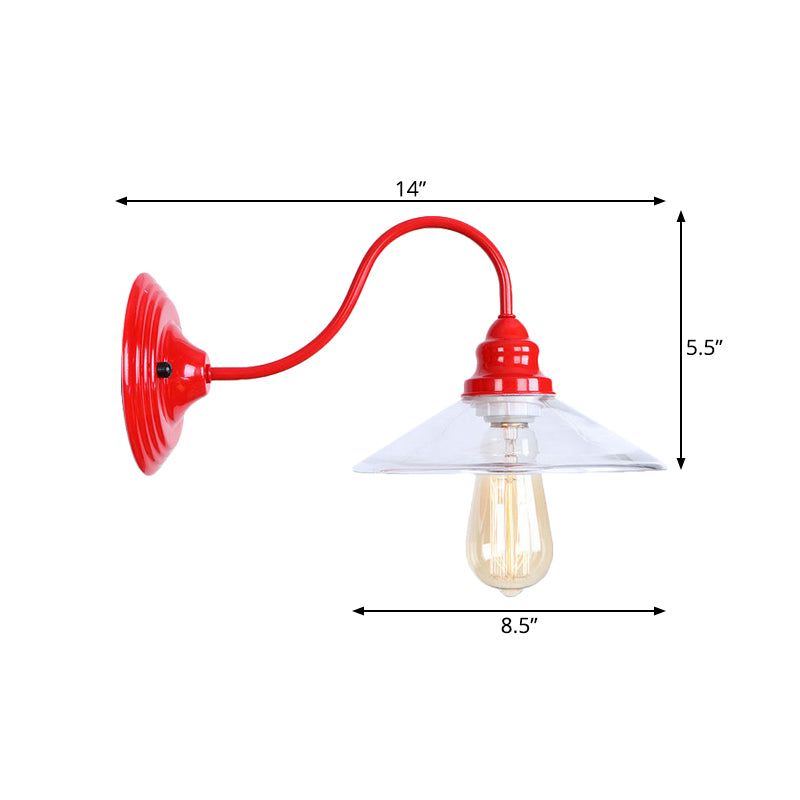 1 Bulb Wide Flare Wall Mounted Light Industrial Red Clear Glass Lighting with Curved Arm Clearhalo 'Cast Iron' 'Glass' 'Industrial' 'Modern wall lights' 'Modern' 'Tiffany' 'Traditional wall lights' 'Wall Lamps & Sconces' 'Wall Lights' Lighting' 991181