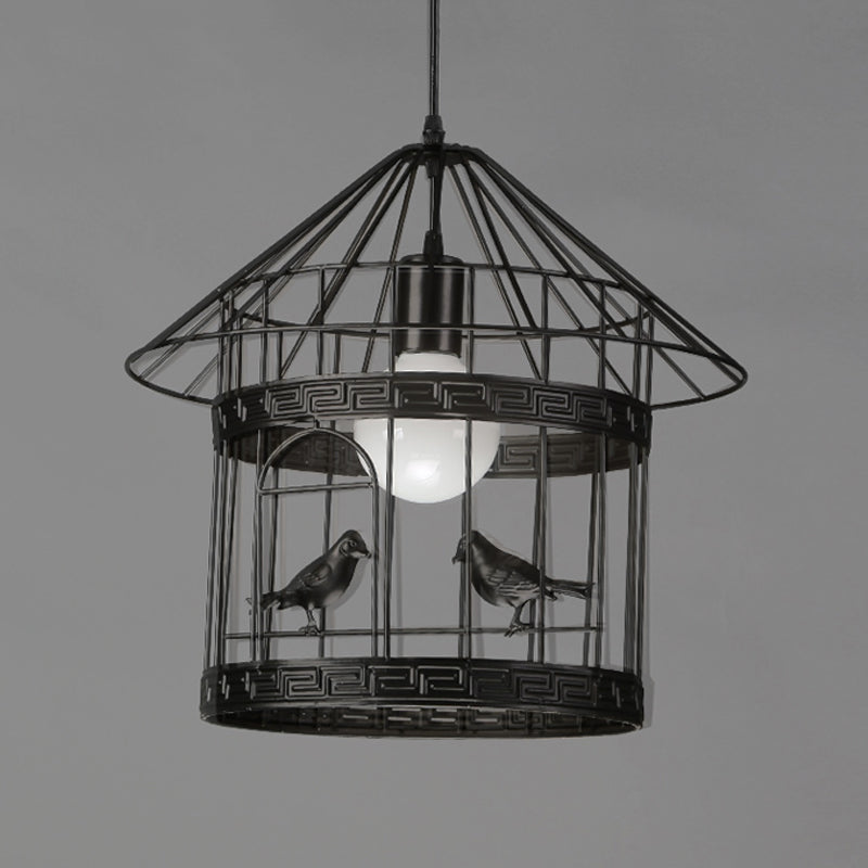 Rustic Birdcage Hanging Light 1 Head Metal Pendant Lamp in Black with Bird Decoration Clearhalo 'Ceiling Lights' 'Pendant Lights' 'Pendants' Lighting' 991426