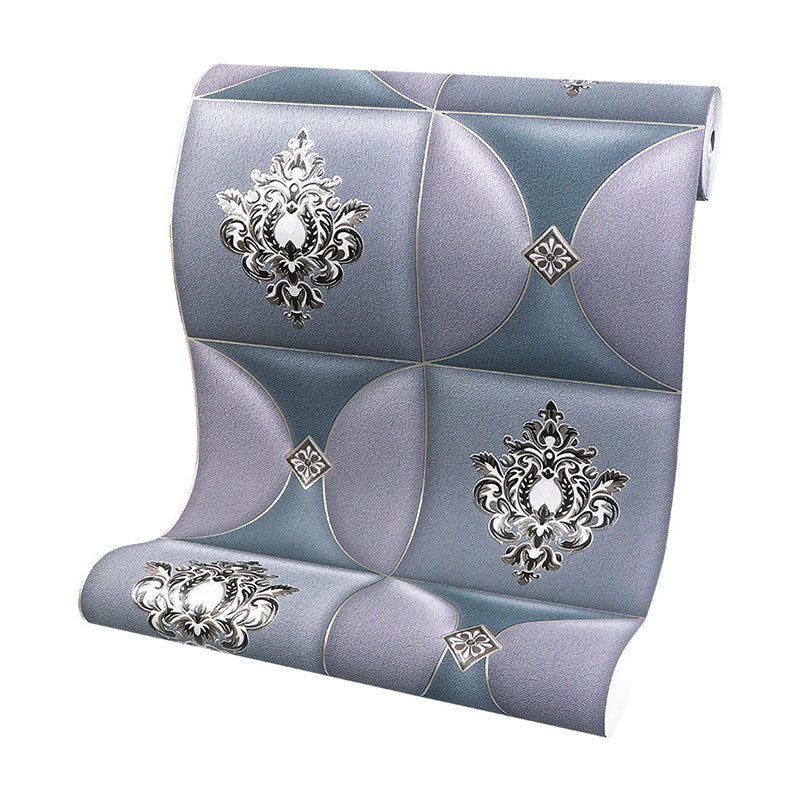 Damask Design Wall Art in Blue and Purple Flock Texture Wallpaper Roll, 33' by 20.5